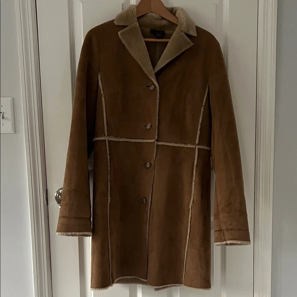 Ann Taylor Brown Faux-Suede Shearling-Trim Trench Coat - Picture 1 of 5